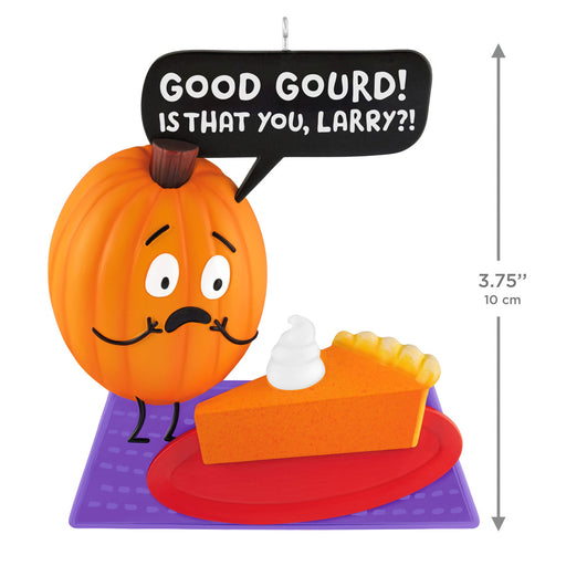 Pumpkin character with a slice of pie and a speech bubble saying 'Good Gourd! Is that you, Larry?' with dimensions indicated.