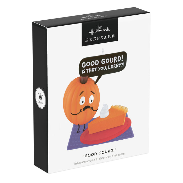Hallmark Halloween ornament packaging with a pumpkin character and speech bubble.