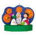 Halloween-themed ornament with characters and pumpkins on a white background