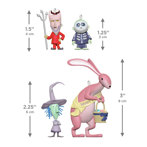 Set of cartoon character figurines with measurements on a white background