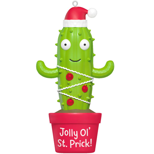 Green cactus ornament with a Santa hat, red ornaments, and 'Jolly Ol' St. Prick!' text on a white background.
