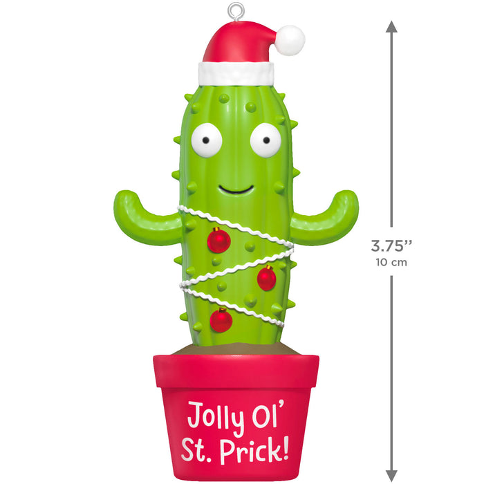 Green cactus ornament with a Santa hat, red pot, and text 'Jolly Ol' St. Prick!' on a white background.