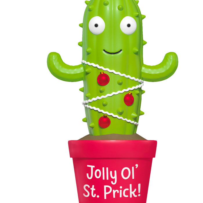 Green cactus-shaped figure with red ornaments and a pot labeled 'Jolly Ol' St. Prick' on a white background