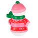 Decorative ornament shaped like a cup with a pink sweater, green scarf, and pink lid on a white background