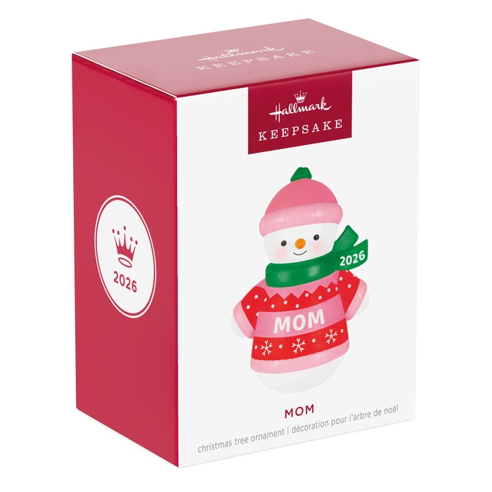 Hallmark 2026 Christmas ornament packaging with a snowman design on a white background
