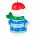 Christmas ornament with a blue sweater, green scarf, and red hat on a white background