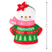 Christmas ornament of a snowman wearing a sweater with 'DAUGHTER' and a poinsettia hat, with a measurement indicator.