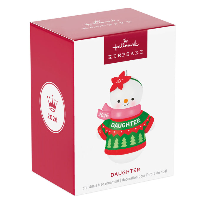 Hallmark Keepsake Christmas ornament packaging with a snowman wearing a sweater and 'Daughter' written on it.