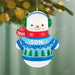 Snowman ornament with a blue sweater, red scarf, and green earmuffs hanging on a Christmas tree.