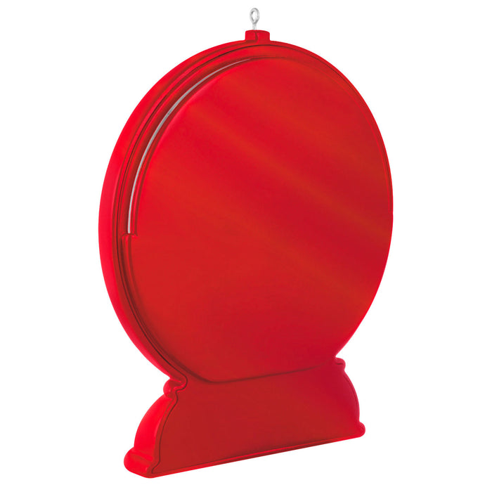 Red round ornament with stand on a white background