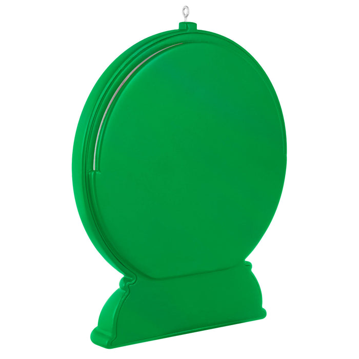 Green round stand with a hanging hook on a white background