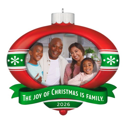 Decorative Christmas ornament with a family photo and 'The Joy of Christmas is Family' text on a white background.
