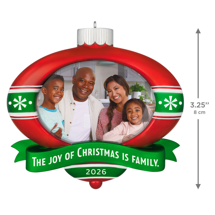 Decorative Christmas ornament with a family photo and 'The Joy of Christmas is Family' text.
