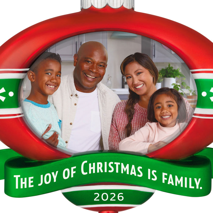Decorative Christmas ornament with a family photo and 'The Joy of Christmas is Family' text.