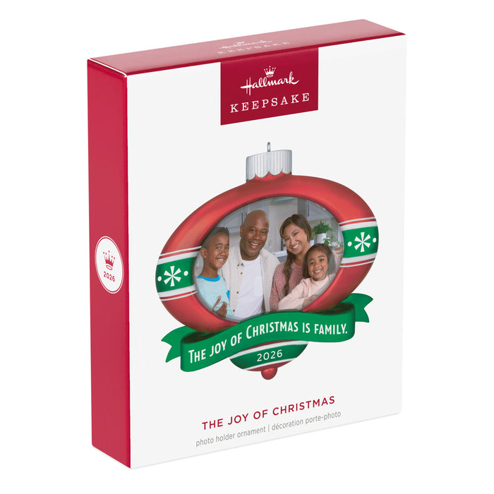 Hallmark Keepsake Christmas ornament packaging with family photo and festive design.