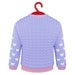 Light purple quilted sweater with heart patterns on a hanger against a white background