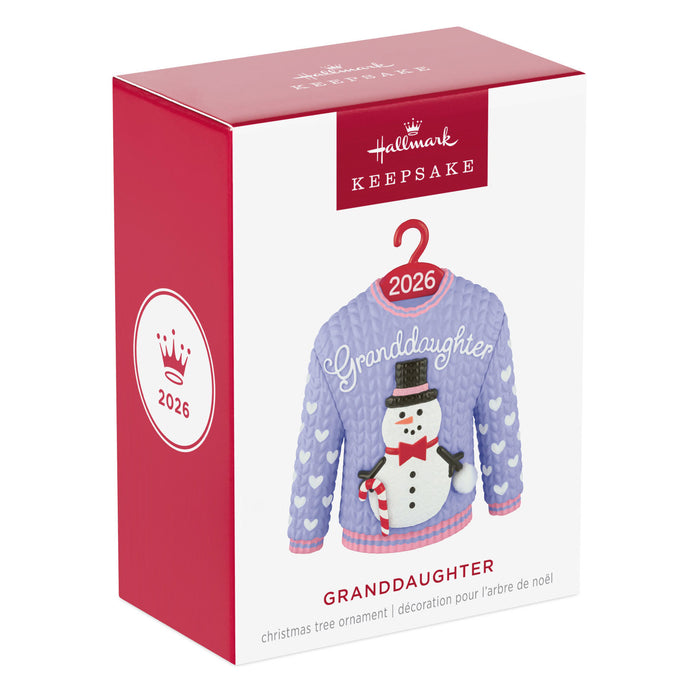 Hallmark Keepsake Christmas ornament packaging with a snowman design and 'Granddaughter' text.