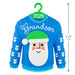 Blue sweater with Santa face and 'Grandson' text on a green hanger, with dimensions indicated.