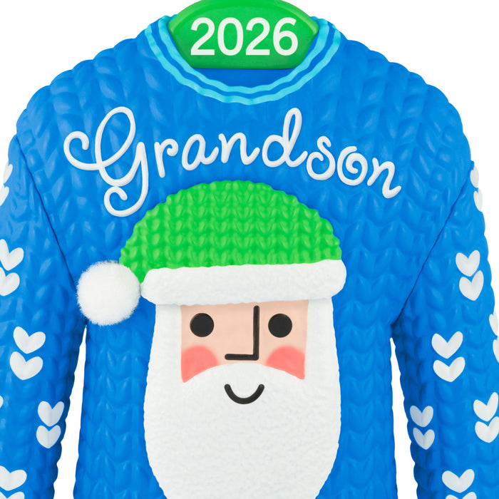 Blue sweater with Santas face and '2026 Grandson' text on a white background
