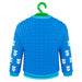 Blue sweater with white heart patterns on a green hanger against a white background