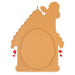 Decorative gingerbread house-shaped cut out with candy cane accents on a white background