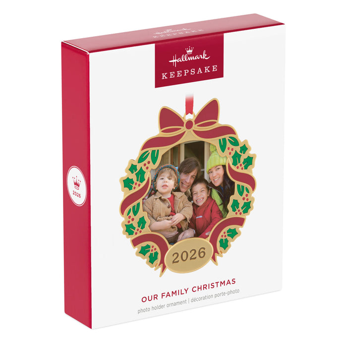Hallmark Keepsake Christmas ornament packaging with a family photo and '2026' on a white background