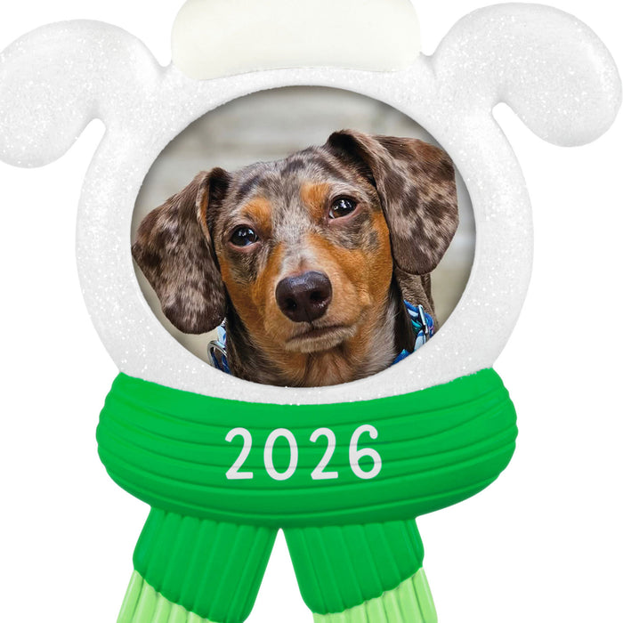 Decorative ornament with a dog's photo with a green scarf displaying '2026' inside a decorative frame.