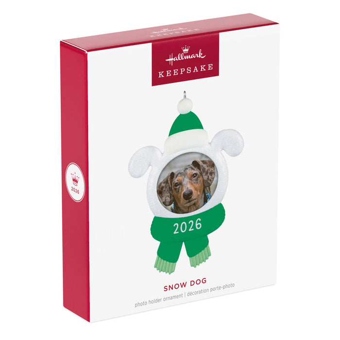 Hallmark Keepsake ornament packaging with a dog photo inside a frame, featuring the year 2026.