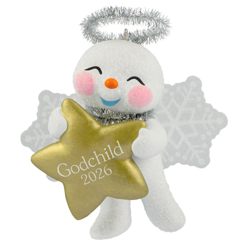 Plush angel ornament holding a gold star with 'Godchild 2026' text on a white background