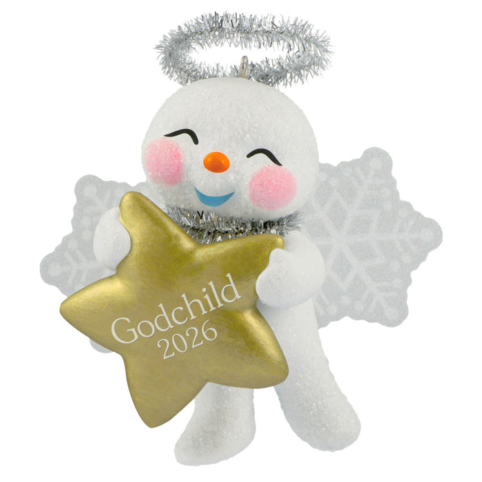 Plush angel ornament holding a gold star with 'Godchild 2026' text on a white background