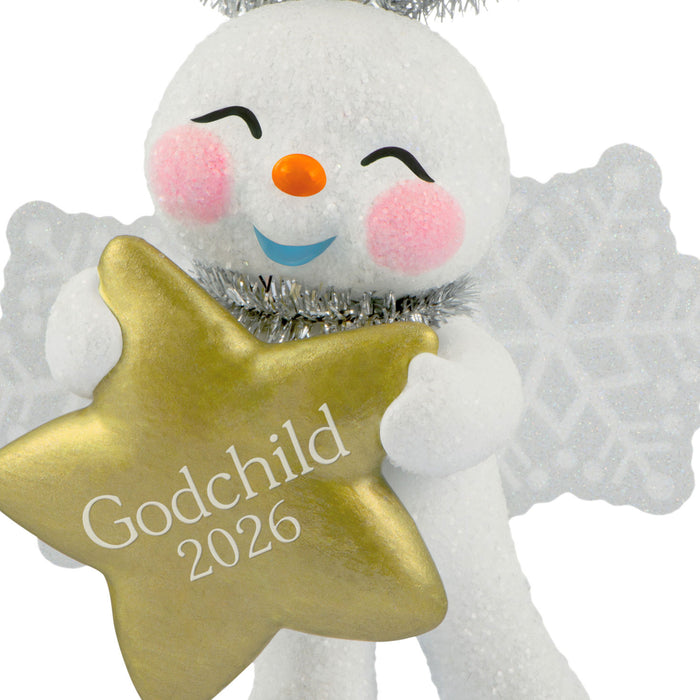 Snowman ornament holding a gold star with 'Godchild 2026' text on a white background