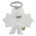 White angel ornament with snowflake wings and silver halo on a white background