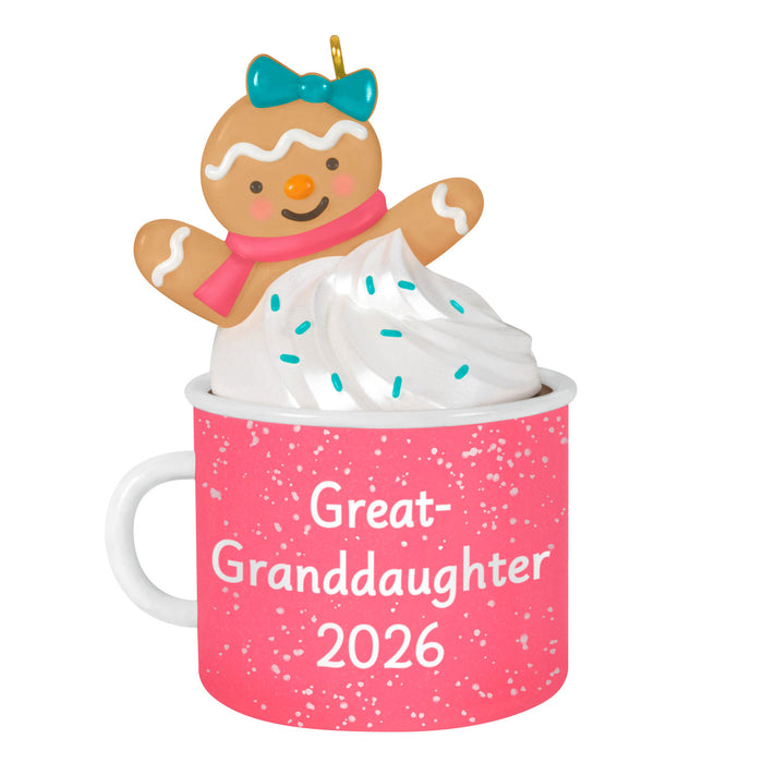 Pink mug with 'Great-Granddaughter 2026' text and gingerbread girl ornament on top