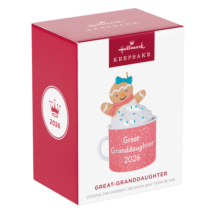 Hallmark Keepsake Christmas ornament packaging with gingerbread girl on a mug, 2026 edition.