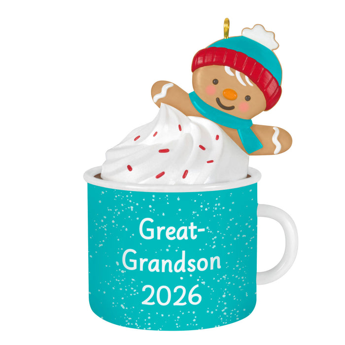 Gingerbread man ornament on a mug with 'Great-Grandson 2026' text, white background