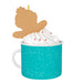 Teal mug with whipped cream and a gingerbread cookie on a white background