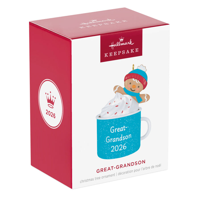 Hallmark Keepsake Christmas ornament packaging for 2026, featuring a gingerbread man in a mug.