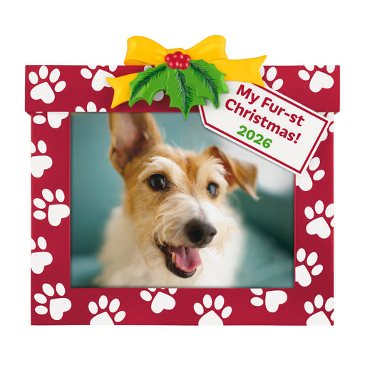 Dog photo frame with 'My Fur-st Christmas! 2026' text and paw prints on a red border.