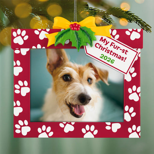 Dog ornament with 'My Fur-st Christmas 2026' text on a red frame with white paw prints.