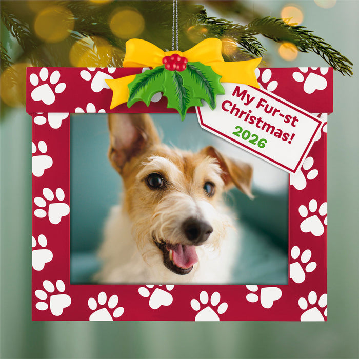 Dog ornament with 'My Fur-st Christmas 2026' text on a red frame with white paw prints.
