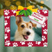 Dog ornament with 'My Fur-st Christmas 2026' text on a red frame with white paw prints.
