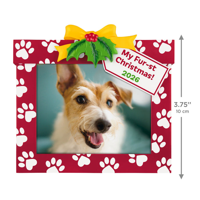Dog photo frame with 'My Fur-st Christmas! 2026' tag and paw print pattern