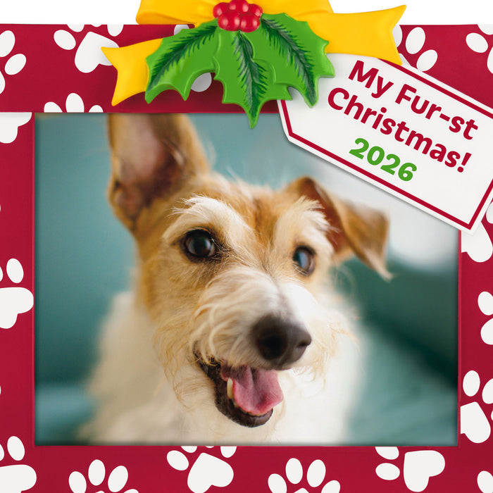 Dog with 'My Fur-st Christmas 2026' text in a festive frame