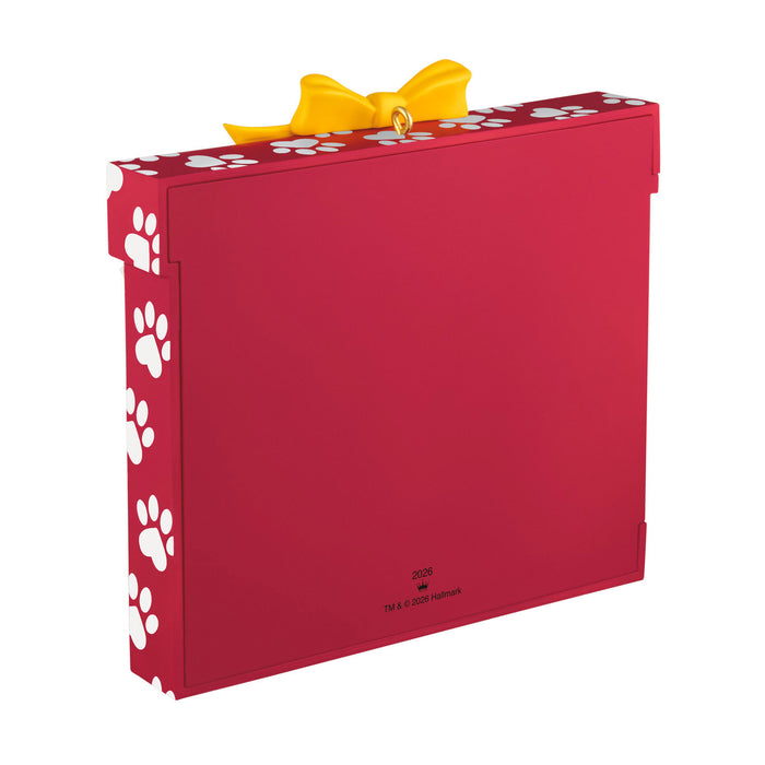 Red frame with white paw prints and a yellow bow on a white background