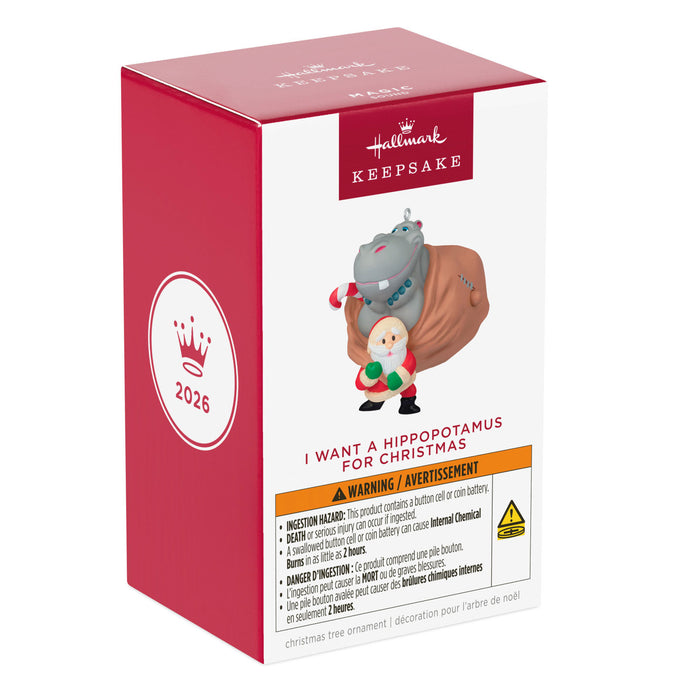 Hallmark 2025 'I Want a Hippopotamus for Christmas' ornament packaging on a white background