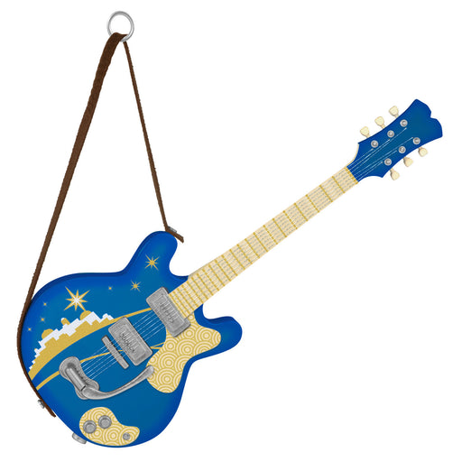 Decorative guitar-shaped ornament with blue and yellow design on a white background