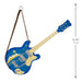 Blue electric guitar-shaped ornament with a brown strap on a white background