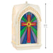 Decorative ornament with stained glass design and measurements on a white background