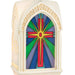 Decorative ornament with stained glass design featuring a cross on a white background