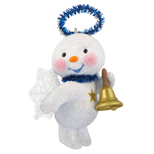 Snowman ornament with a bell and tinsel on a white background